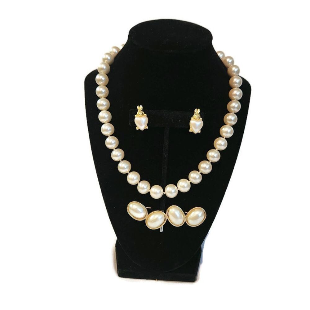 Women's Faux Pearl Necklace Earrings Brooch 3-Piece Set